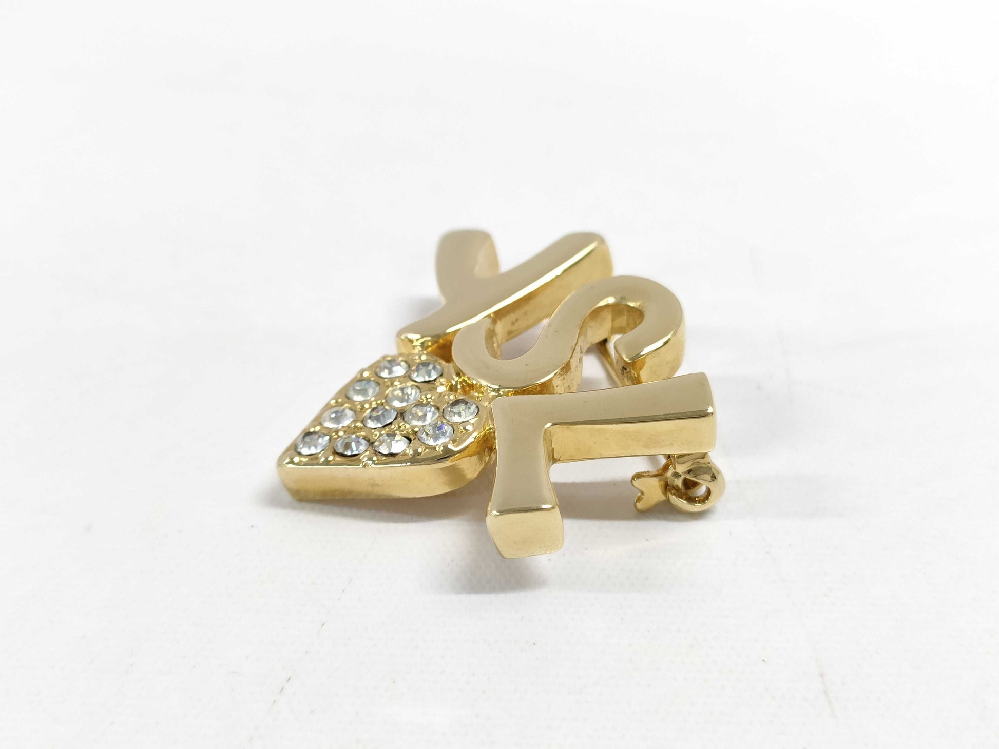Yves Saint Laurent YSL Gold-Colored Rhinestone Heart Brooch