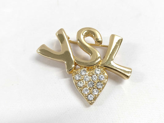 Yves Saint Laurent YSL Gold-Colored Rhinestone Heart Brooch