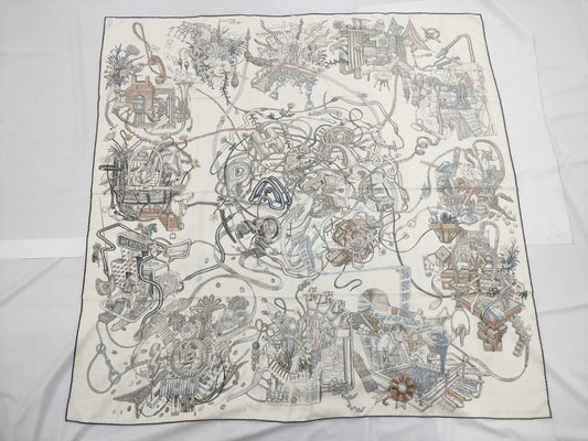 HERMES Carre Jean Cashmere Silk Large Shawl with Hermes World Illustrations and Other Accessories