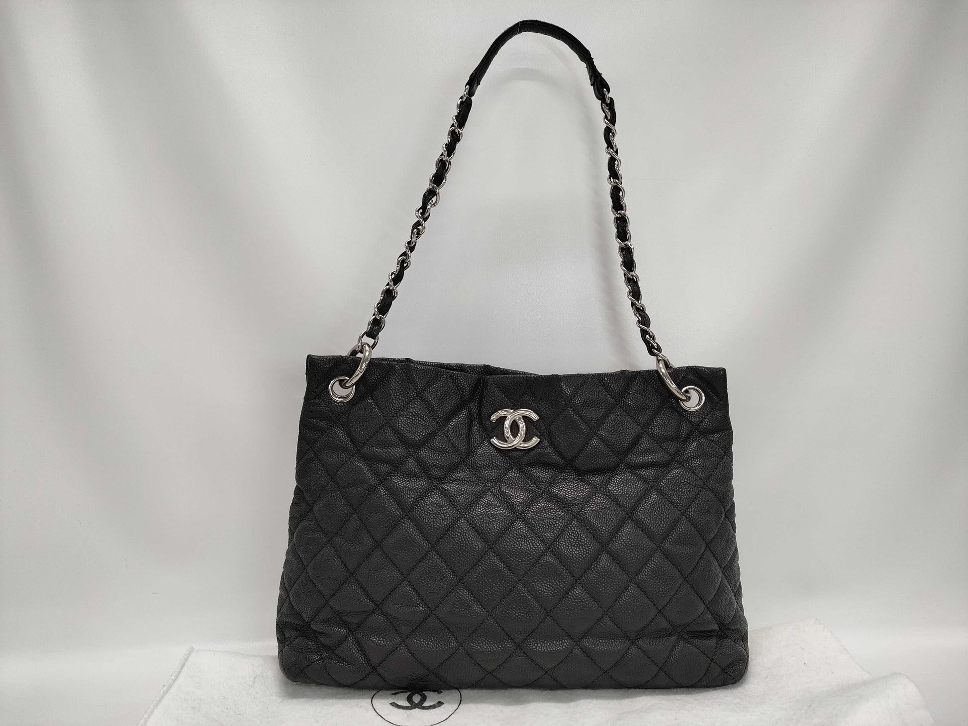 CHANEL Matelasse Tote Bag, Black with Silver Hardware, Caviar Leather, Size 19