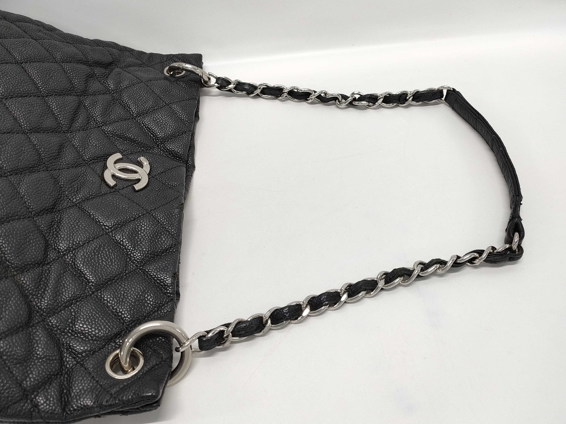 CHANEL Matelasse Tote Bag, Black with Silver Hardware, Caviar Leather, Size 19