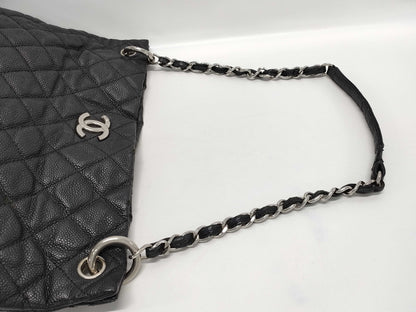 CHANEL Matelasse Tote Bag, Black with Silver Hardware, Caviar Leather, Size 19