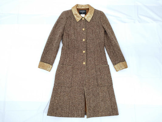 CHANEL Gripoa Button Tweed Long Coat, Gold and Brown, Size 96A, Size 36, Hanger Included