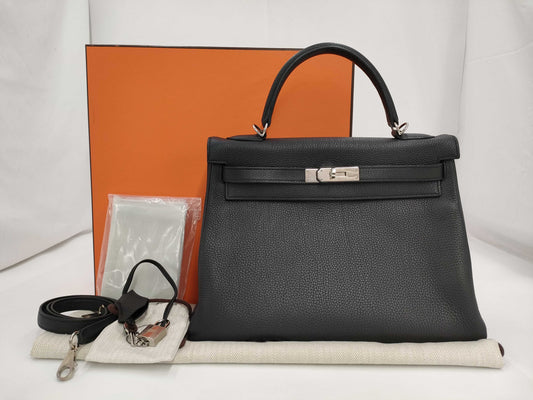 HERMES Kelly 32 A Stamped Togo Noir Silver Hardware Handbag