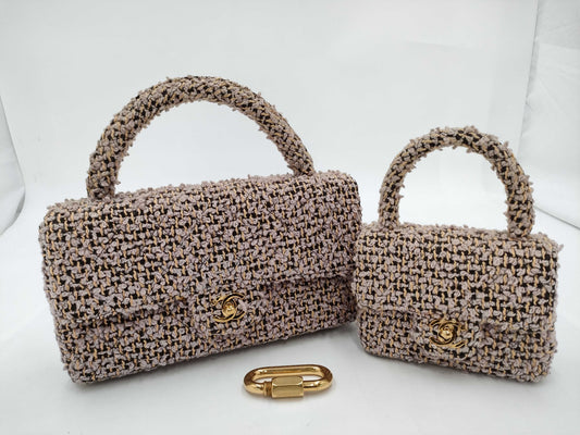 CHANEL Matelasse Tweed Parent-Child Bag in Purple and Beige with GD Hardware, No. 3 Handbag