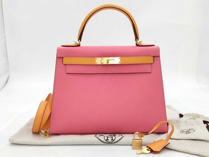 HERMES Kelly 28 Serie Personal Order Epsom Leather Rose Azalee Jaune D'or with Matte Gold Hardware and C Stamp