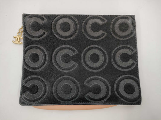 CHANEL COCO Pouch, Harako and Leather, Coco Mark, Black, with Charm