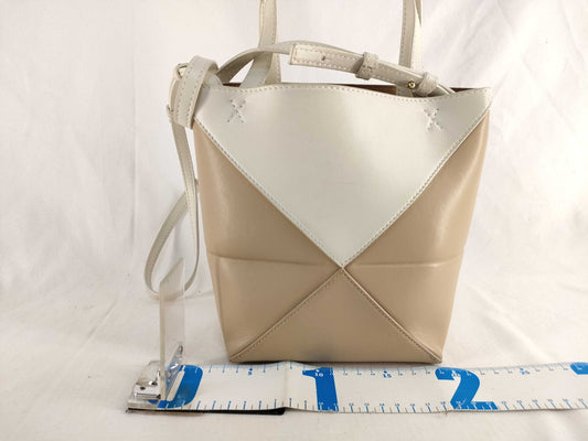 LOEWE Puzzle Fold Mini Tote Bag in Shiny Calfskin, White and Beige