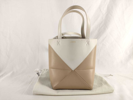 LOEWE Puzzle Fold Mini Tote Bag in Shiny Calfskin, White and Beige