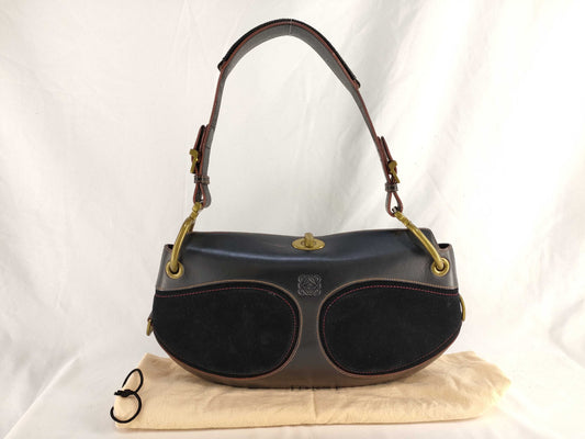 LOEWE Anagram Turnlock Shoulder Bag in Leather and Suede, Black