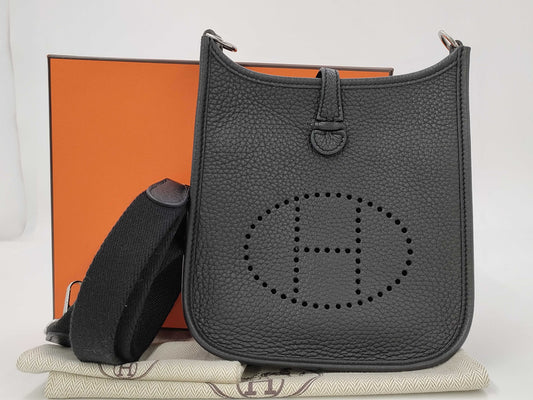 HERMES Mini Evelyne Amazone 16 TPM Noir Black Shoulder Bag with Silver Hardware and Stamped "B"