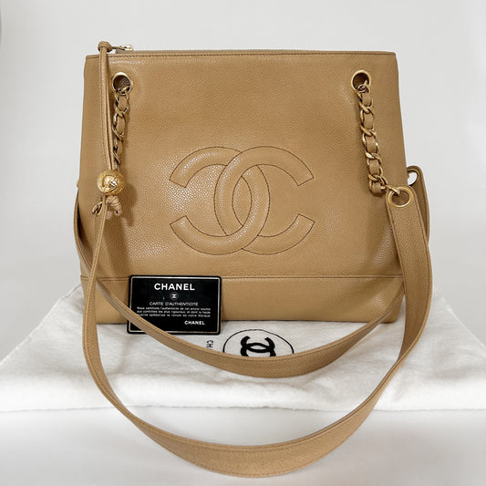 CHANEL Chain Shoulder Bag with Coco Mark and Caviar Skin, W31, Card and Sticker Included [2nd Series] Tote Bag