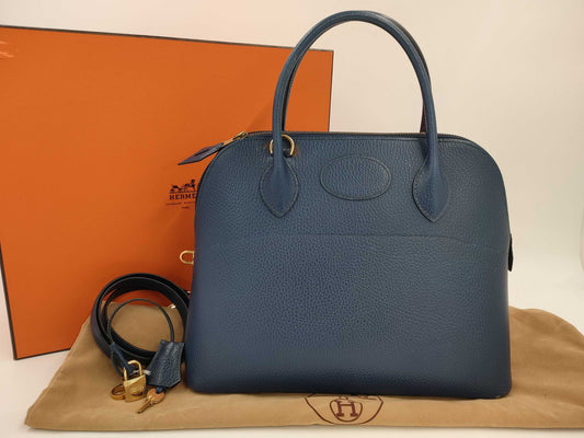 HERMES Bolide 31 Ardennes Handbag in Navy with Gold Hardware