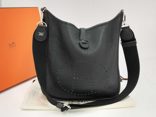 HERMES Evelyn 3PM Taurillon Black Shoulder Bag with Silver Hardware