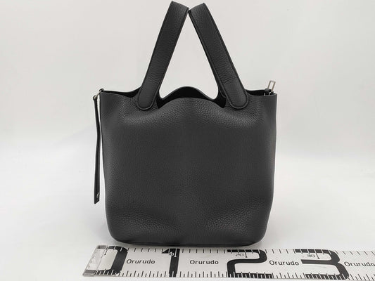 HERMES Picotin Lock MM Taurillon Clemence Leather Handbag, Black, Silver Hardware, W Stamp