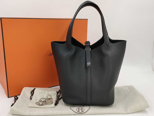 HERMES Picotin Lock MM Taurillon Clemence Leather Handbag, Black, Silver Hardware, W Stamp