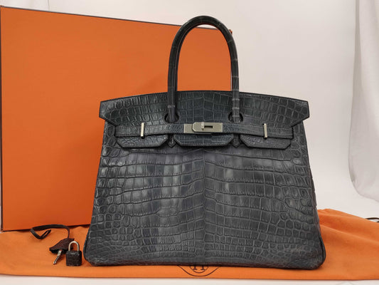 HERMES Birkin 35 Niloticus Matte Silver Hardware Handbag