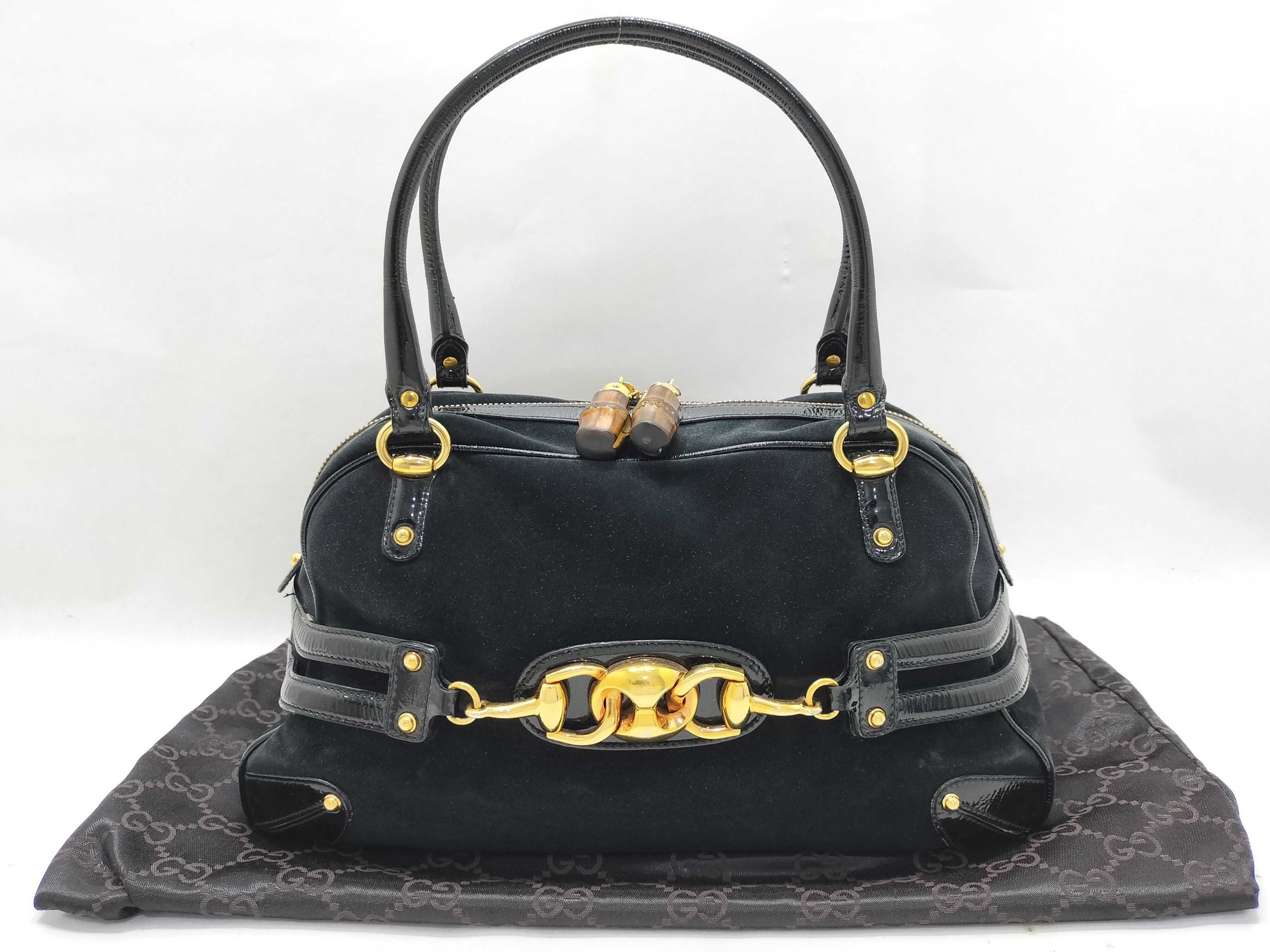 GUCCI Bamboo Boston Bag with Horsebit Pattern in Black Suede and Leather