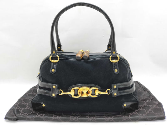 GUCCI Bamboo Boston Bag with Horsebit Pattern in Black Suede and Leather