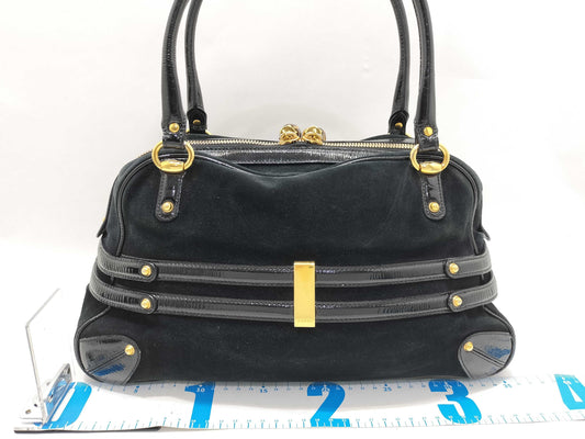 GUCCI Bamboo Boston Bag with Horsebit Pattern in Black Suede and Leather