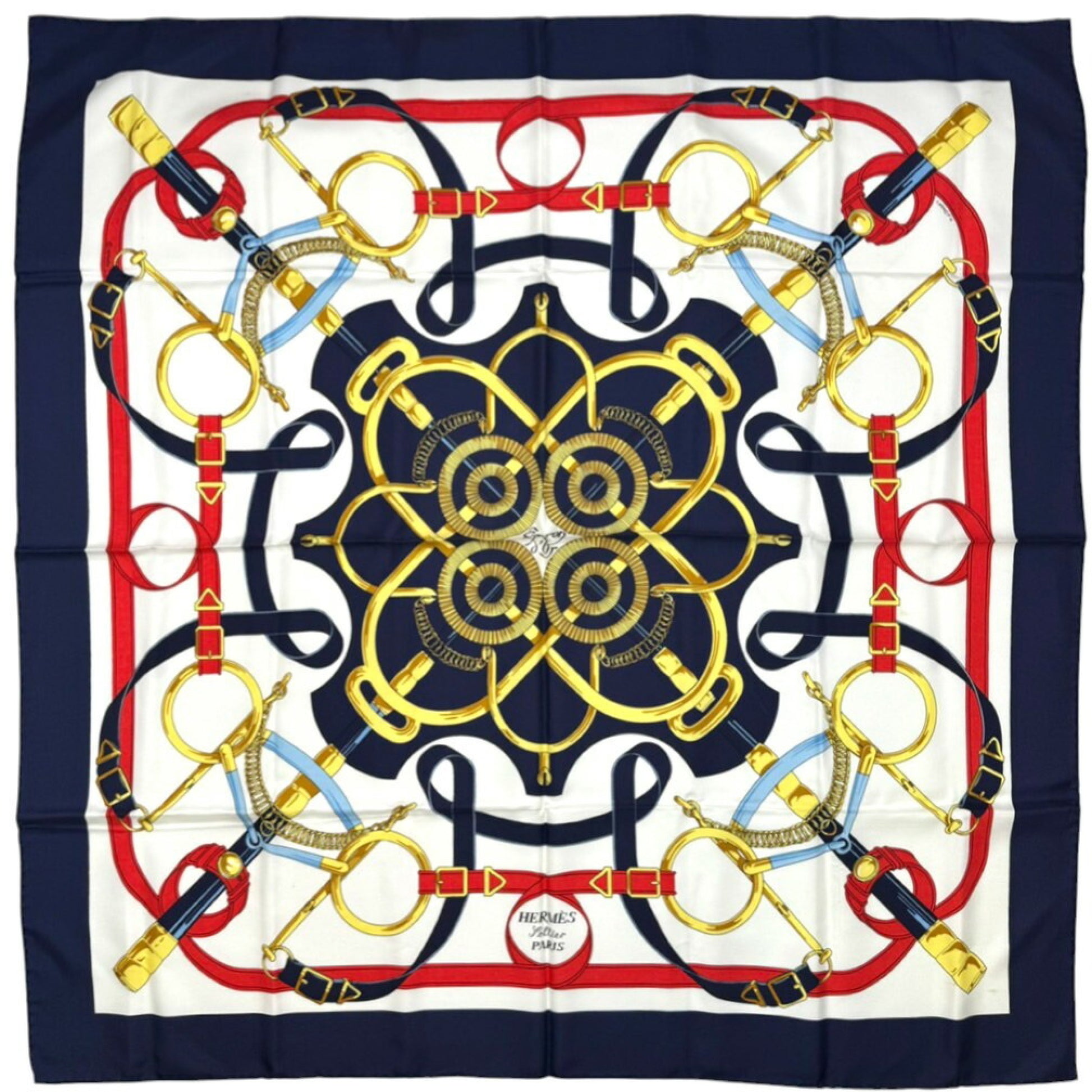 HERMES HERMES Carré 90cm 100% Silk Eperon d'Or Golden Spurs Navy White Women's Other Accessories