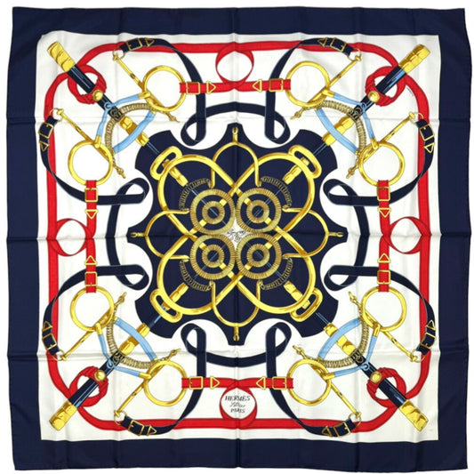 HERMES HERMES Carré 90cm 100% Silk Eperon d'Or Golden Spurs Navy White Women's Other Accessories