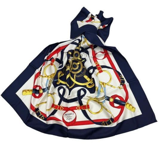 HERMES HERMES Carré 90cm 100% Silk Eperon d'Or Golden Spurs Navy White Women's Other Accessories