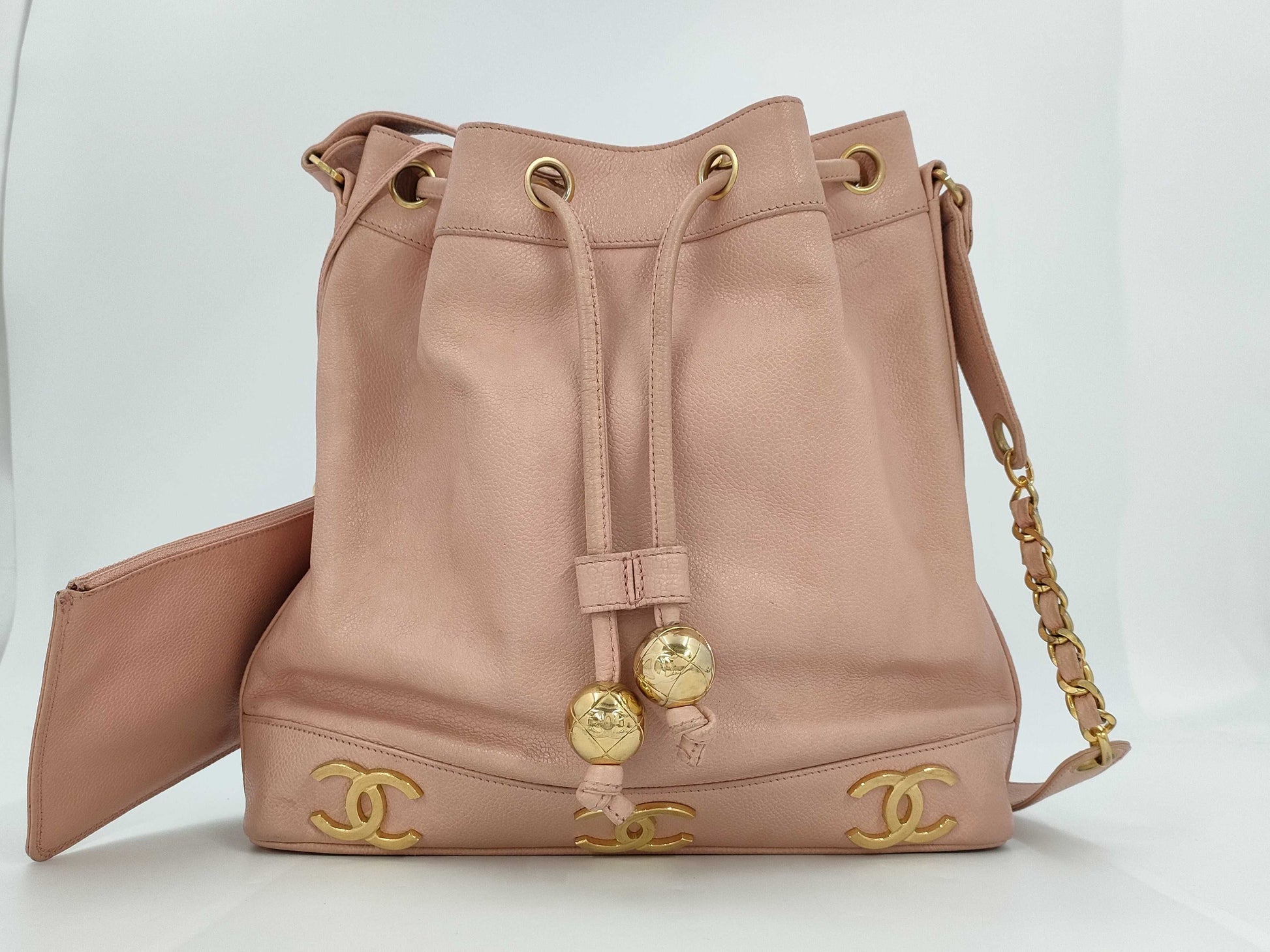 CHANEL Caviar Skin Triple Coco Chain Shoulder Bag with Drawstring, G Hardware, Pink, No. 5 [Sealed] Shoulder Bag
