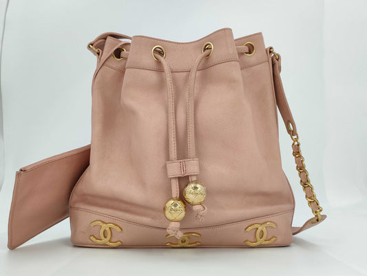 CHANEL Caviar Skin Triple Coco Chain Shoulder Bag with Drawstring, G Hardware, Pink, No. 5 [Sealed] Shoulder Bag