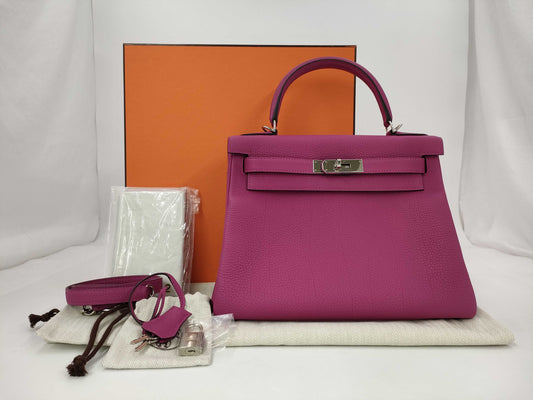 HERMES Kelly 28 C Stamp Togo Rose Purple Silver Hardware Handbag