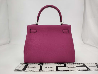 HERMES Kelly 28 C Stamp Togo Rose Purple Silver Hardware Handbag