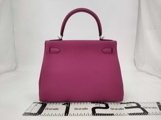 HERMES Kelly 28 C Stamp Togo Rose Purple Silver Hardware Handbag