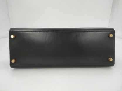 HERMES Kelly 32 Handbag, Black Box Calf Leather with E Stamp and Gold Hardware