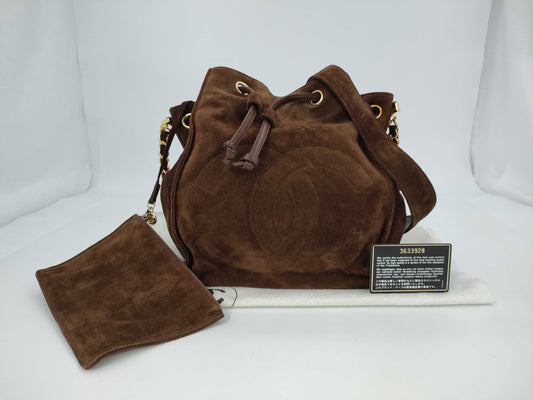 CHANEL Bucket Drawstring Shoulder Bag, Large COCO, Dark Brown/Suede, with Pouch, Dust Bag, G Card, and Booklet