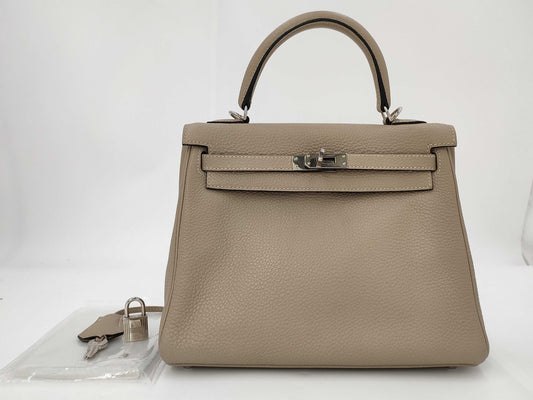 HERMES Kelly 25 Le Tourne Taurillon Clemence Leather Tourtiere Gray with Silver Hardware Handbag