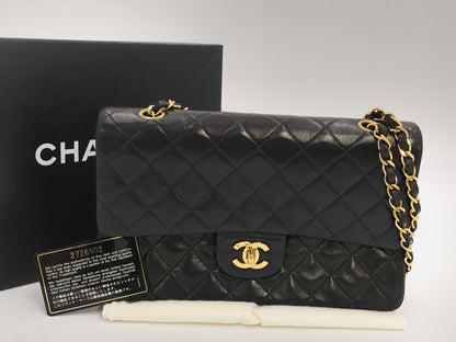 CHANEL Matelasse Black Double Flap Double Chain Shoulder Bag