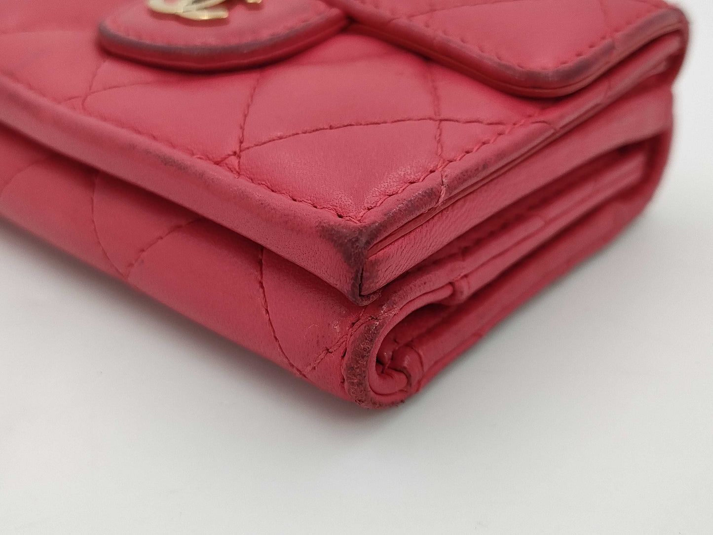 CHANEL Lambskin Matelasse Compact Wallet Leather GD Hardware Pink Seal 25241353 Wallet