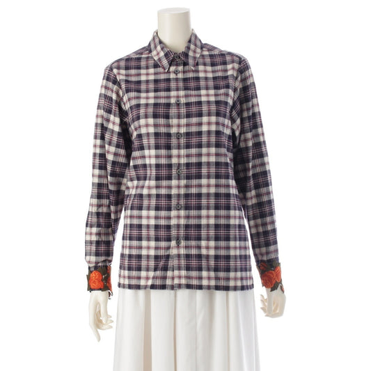 GUCCI Floral Embroidered Check Flannel Long Sleeve Shirt, Navy, Size 36