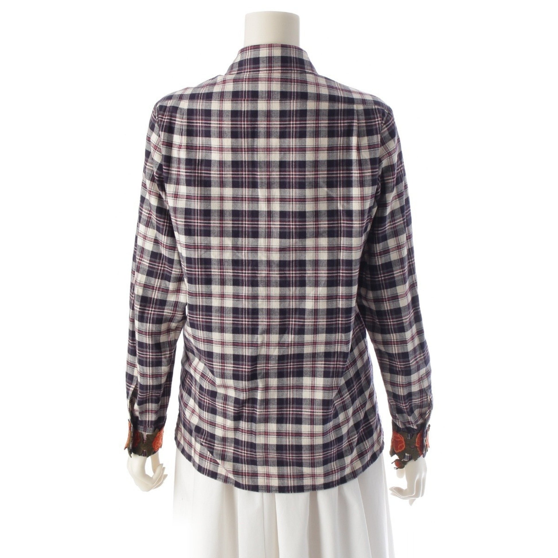 GUCCI Floral Embroidered Check Flannel Long Sleeve Shirt, Navy, Size 36