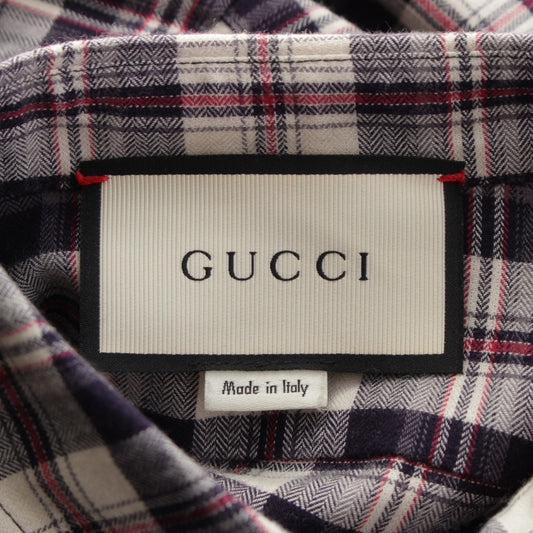 GUCCI Floral Embroidered Check Flannel Long Sleeve Shirt, Navy, Size 36
