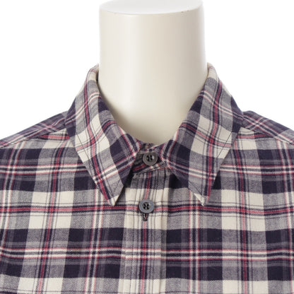 GUCCI Floral Embroidered Check Flannel Long Sleeve Shirt, Navy, Size 36