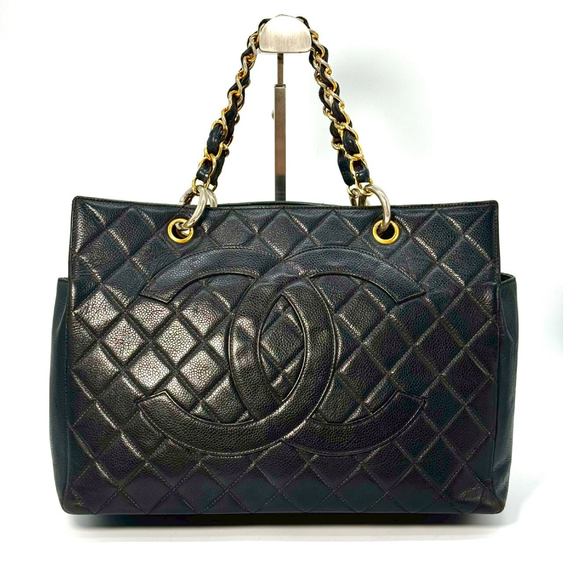 CHANEL Matelasse Coco Mark Caviar Leather Chain Tote Bag Black with Serial Seal Remnants