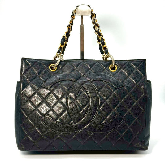 CHANEL Matelasse Coco Mark Caviar Leather Chain Tote Bag Black with Serial Seal Remnants