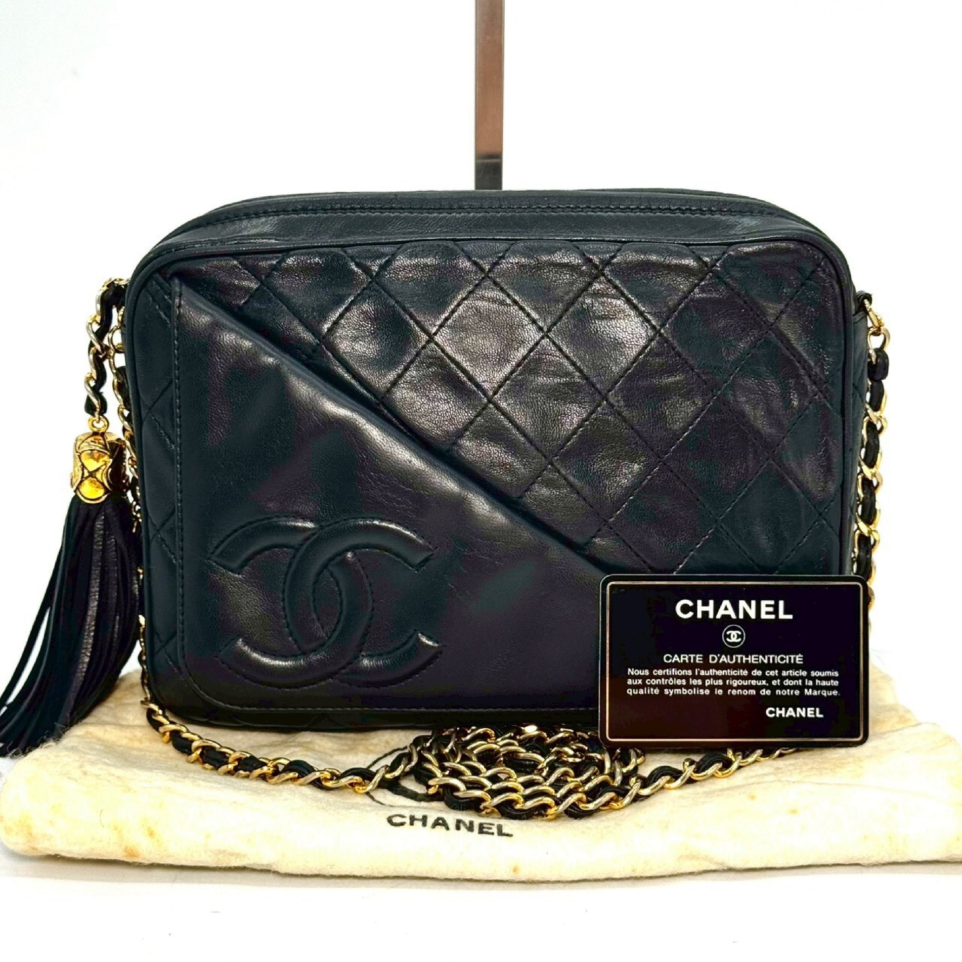 CHANEL Lambskin Coco Mark Fringed Chain Shoulder Bag Black with Guarantee Card 1547370 Shoulder Bag