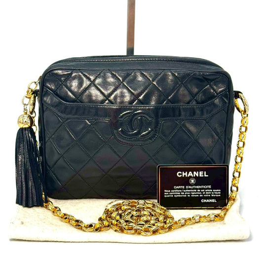 CHANEL Matelasse Lambskin Fringed Jeweled Chain Shoulder Bag, Black, 2084814, No Serial Number Seal, Comes with Guarantee Card