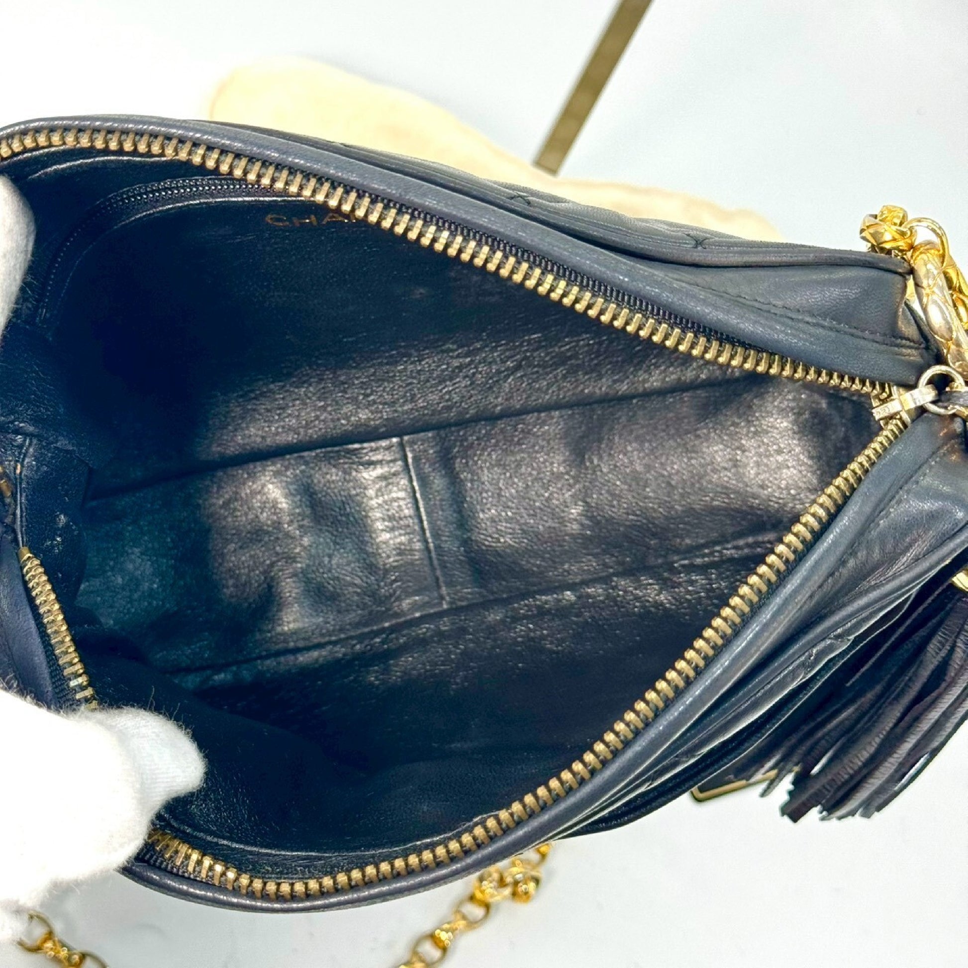 CHANEL Matelasse Lambskin Fringed Jeweled Chain Shoulder Bag, Black, 2084814, No Serial Number Seal, Comes with Guarantee Card