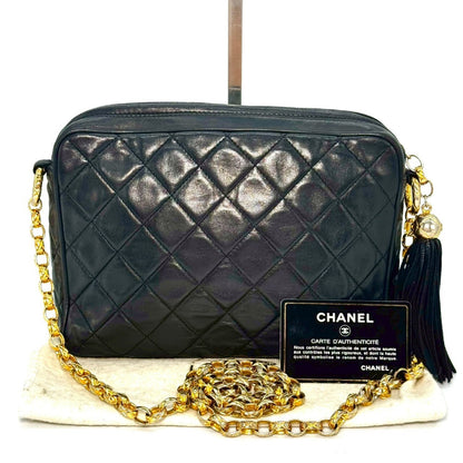 CHANEL Matelasse Lambskin Fringed Jeweled Chain Shoulder Bag, Black, 2084814, No Serial Number Seal, Comes with Guarantee Card