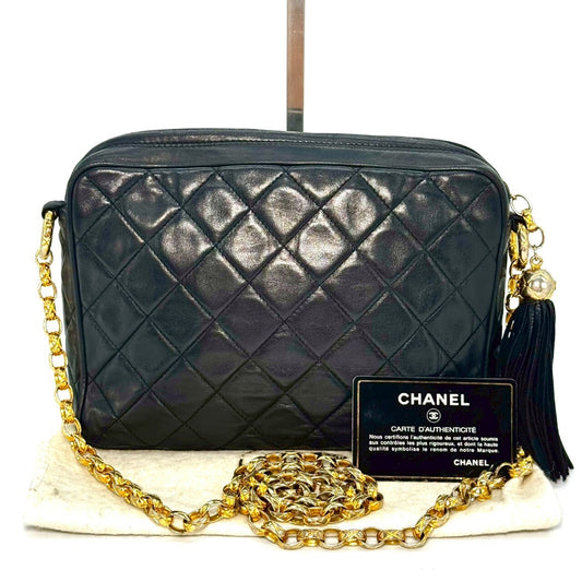 CHANEL Matelasse Lambskin Fringed Jeweled Chain Shoulder Bag, Black, 2084814, No Serial Number Seal, Comes with Guarantee Card