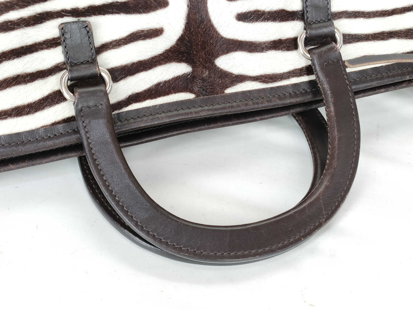 PRADA Fur x Leather Tote Bag Brown 1BC037 Handbag