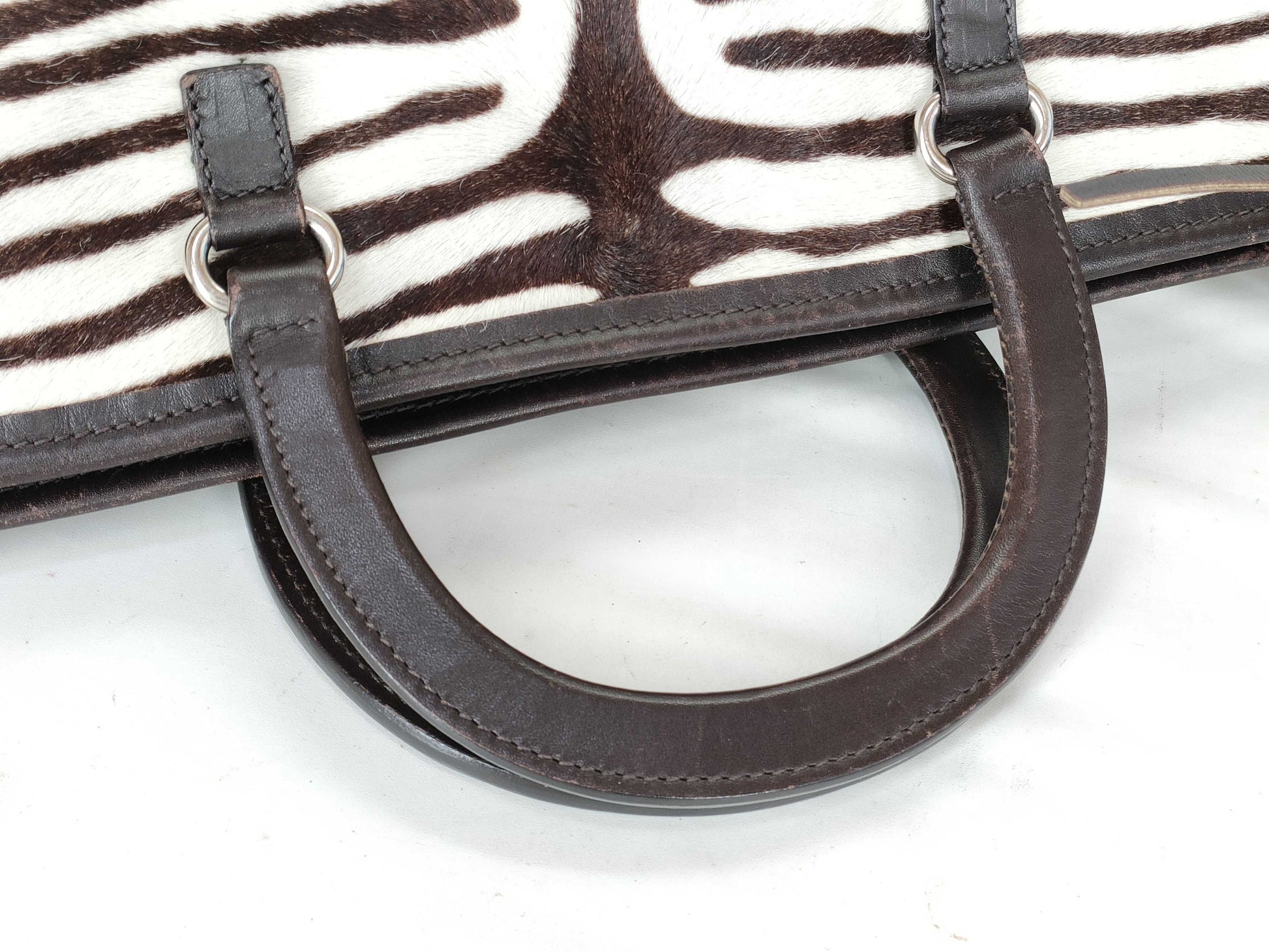 PRADA Fur x Leather Tote Bag Brown 1BC037 Handbag